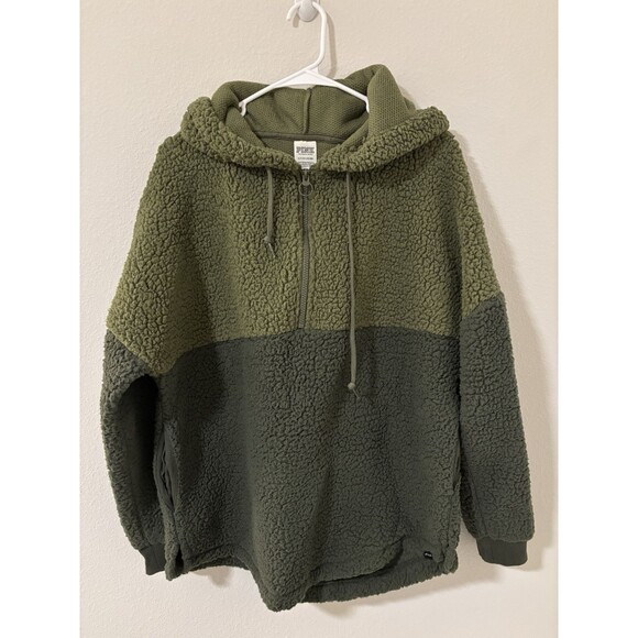 Victoria's Secret Pink Sherpa Quarter Zip Fuzzy Soft Green Size Small - Picture 1 of 4
